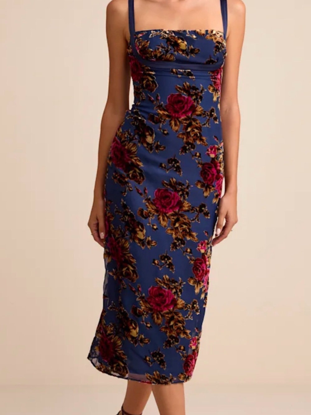 Lulu's Navy Midi Dress with Rose Print